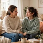 Parent comforting teen in conversation about teen anxiety in Cleveland