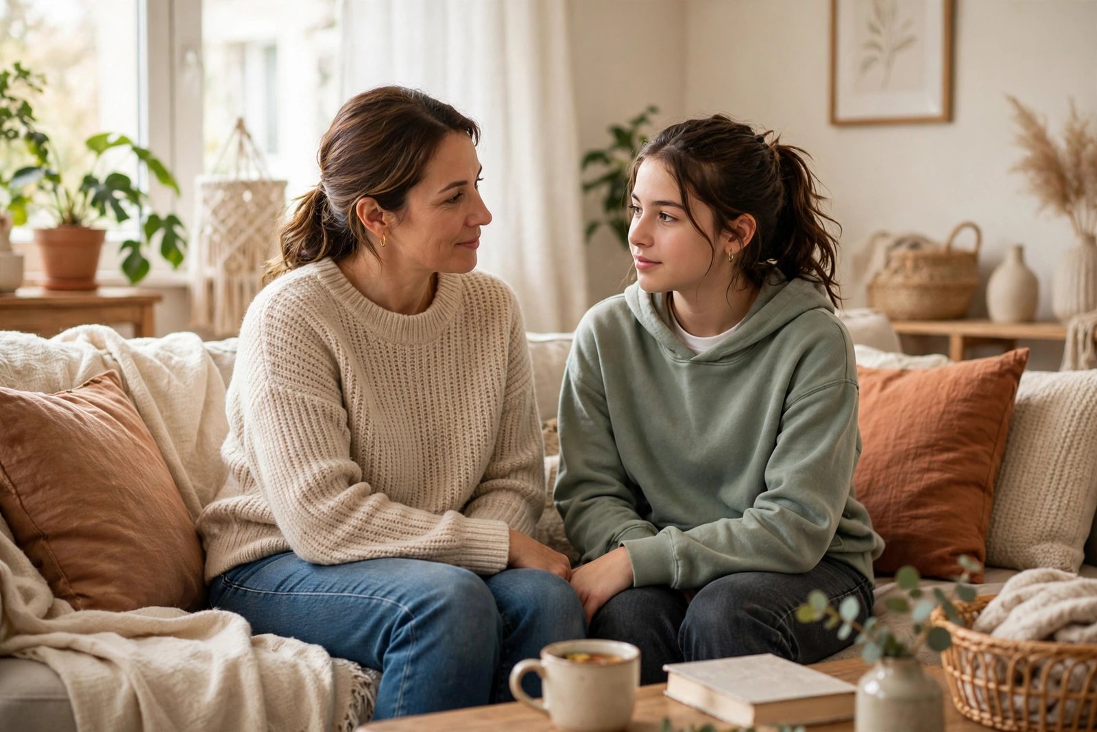 Parent comforting teen in conversation about teen anxiety in Cleveland