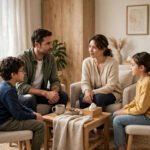 A family sitting together in conversation during family therapy in Cleveland.