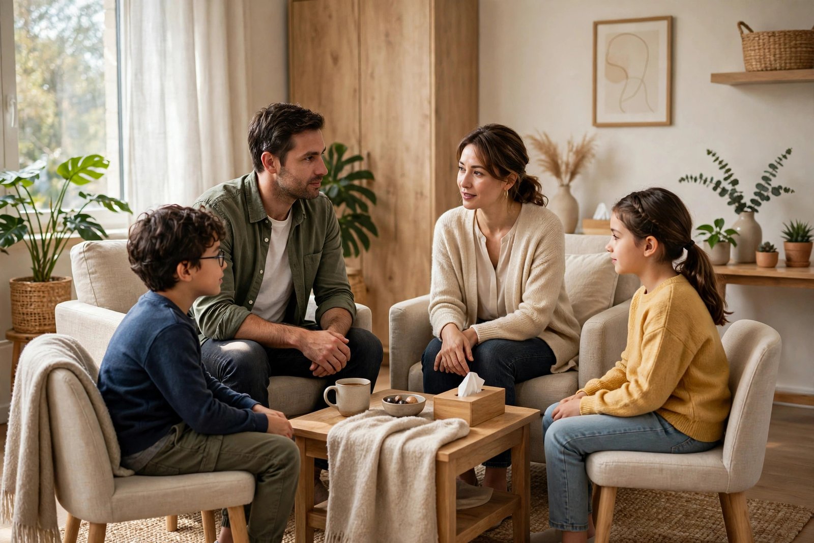 A family sitting together in conversation during family therapy in Cleveland.