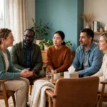 A supportive group therapy in Cleveland session with adults seated in a circle in a warm counseling room.