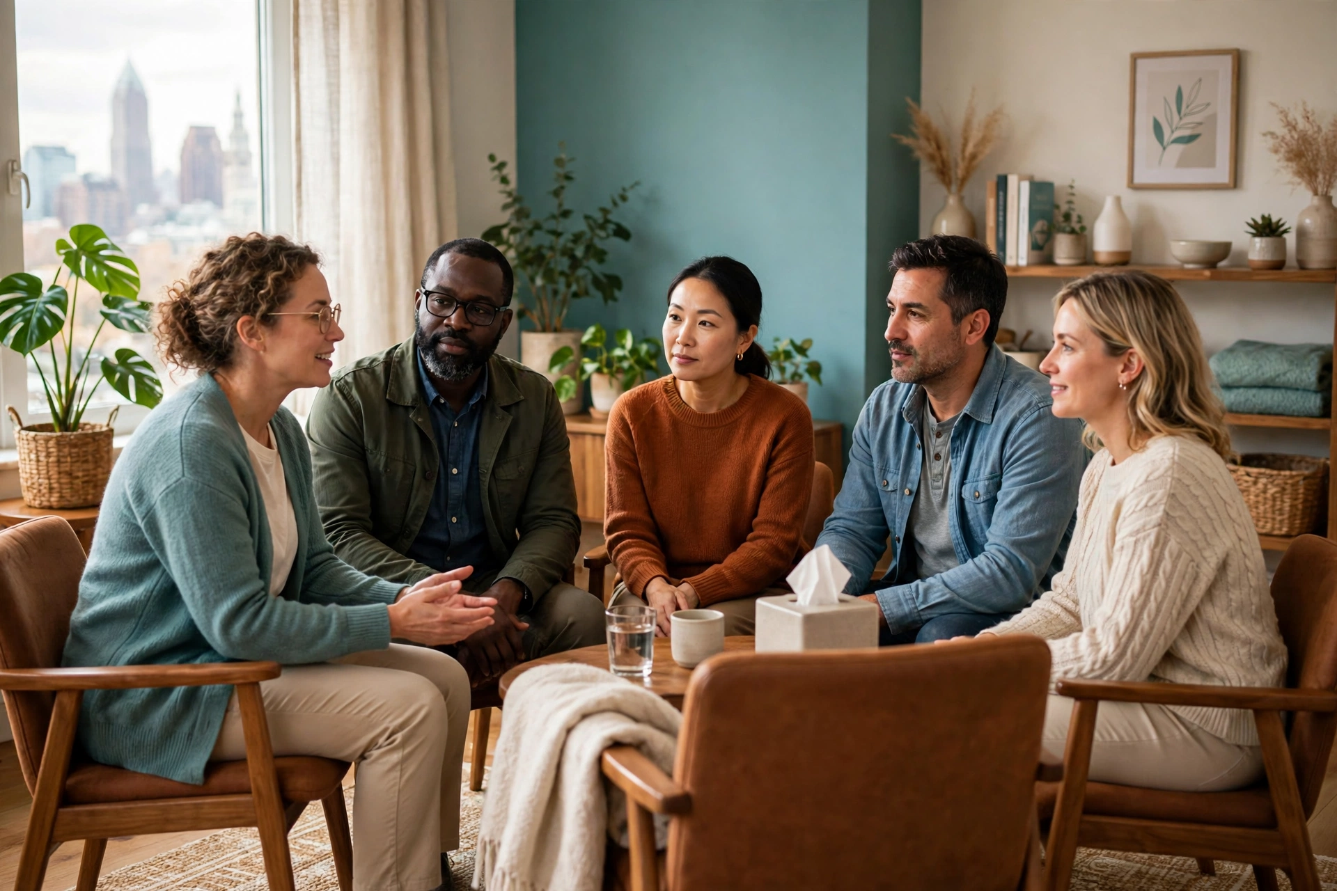 A supportive group therapy in Cleveland session with adults seated in a circle in a warm counseling room.