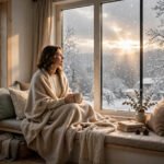 Woman sitting by a bright winter window with a warm drink, coping with seasonal depression Cleveland with calm and hope