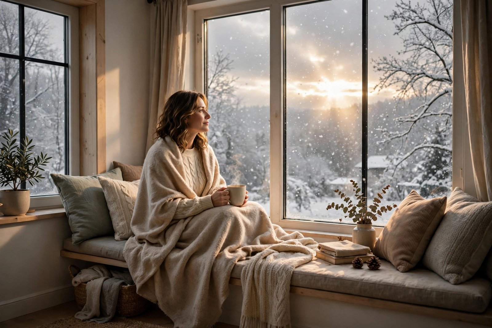 Woman sitting by a bright winter window with a warm drink, coping with seasonal depression Cleveland with calm and hope